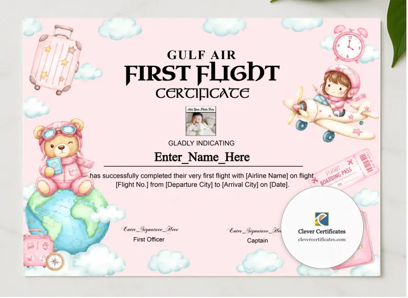 Gulf Air Kids First Flight Certificate presented in a sleek wooden frame, elegantly arranged on a stylish table.