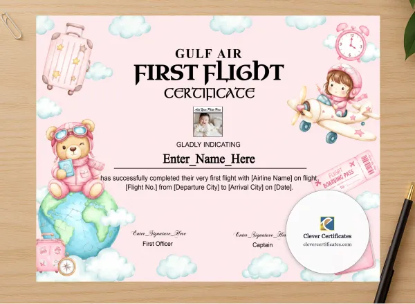 Professional preview of Gulf Air Kids First Flight Certificate certificate on high-quality stationery paper, ideal for showcasing the final look.