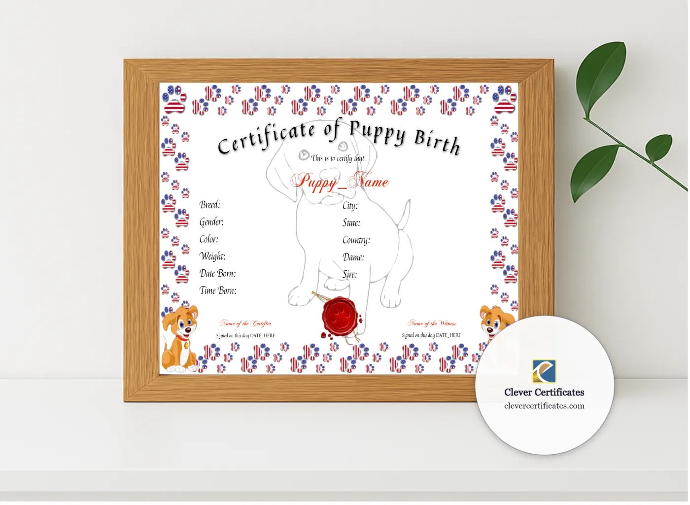 Realistic mockup featuring Puppy Birth Certificate displayed within a modern frame, set against a minimalistic background.