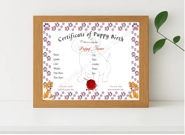 Realistic mockup featuring Puppy Birth Certificate displayed within a modern frame, set against a minimalistic background.