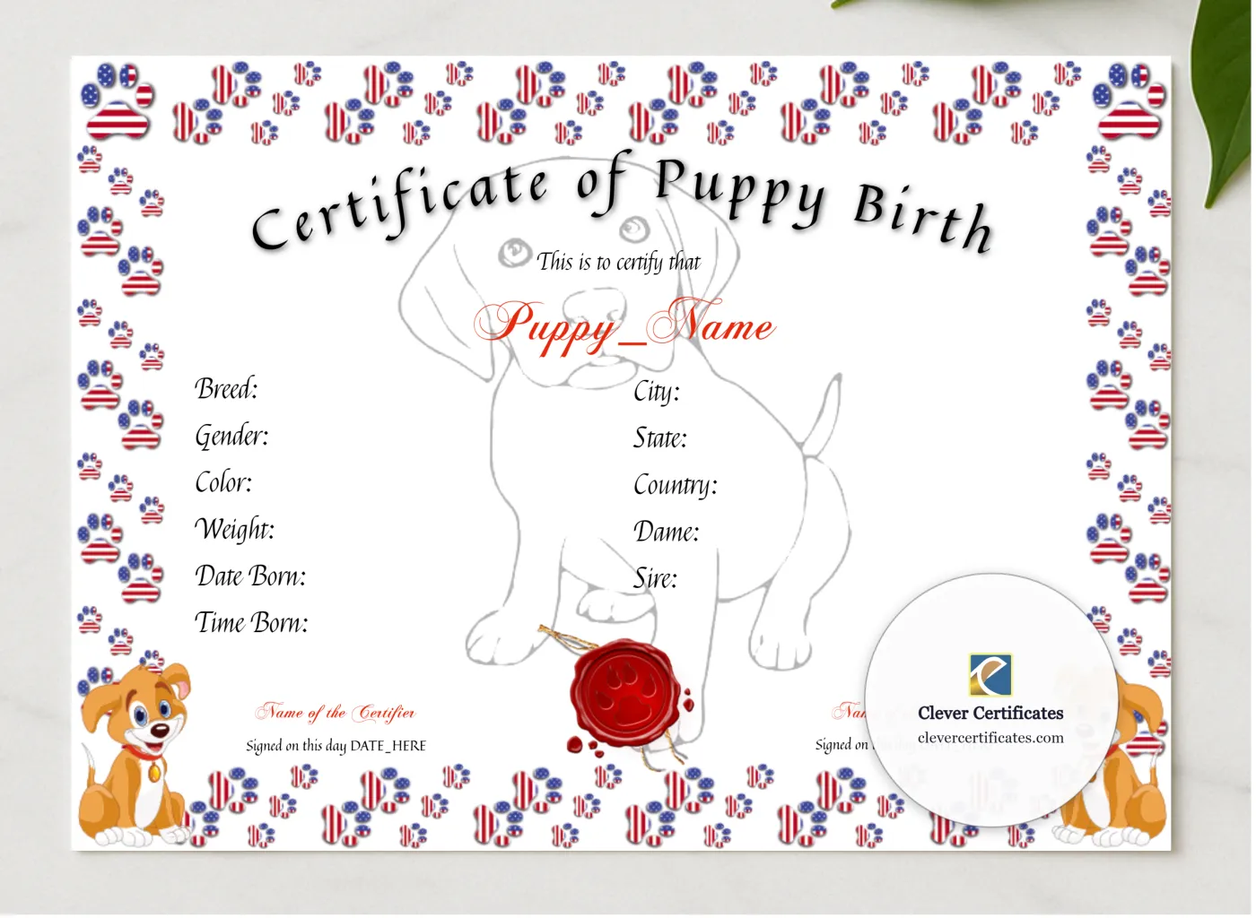 Puppy Birth Certificate presented in a sleek wooden frame, elegantly arranged on a stylish table.