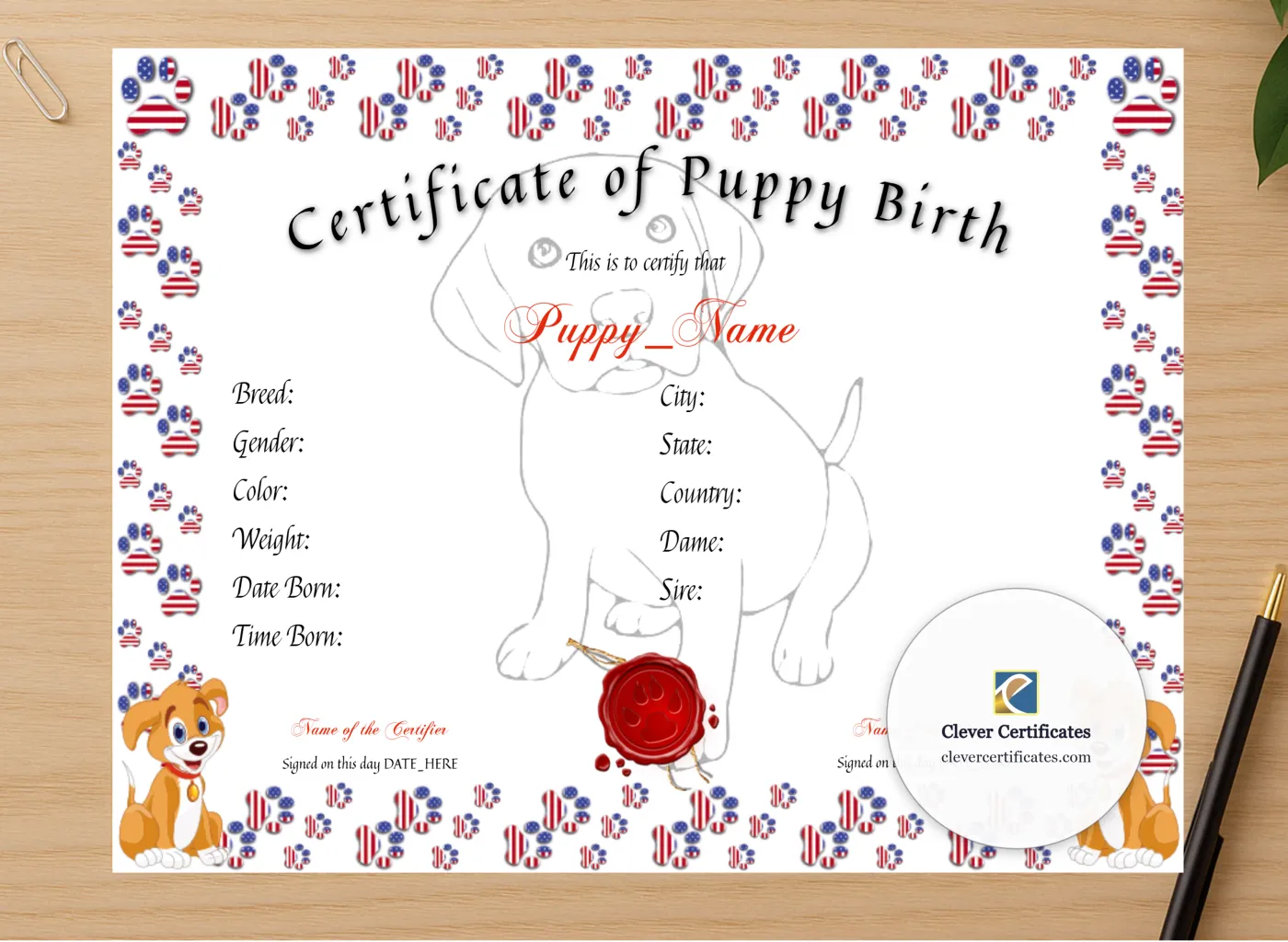 Professional preview of Puppy Birth Certificate certificate on high-quality stationery paper, ideal for showcasing the final look.