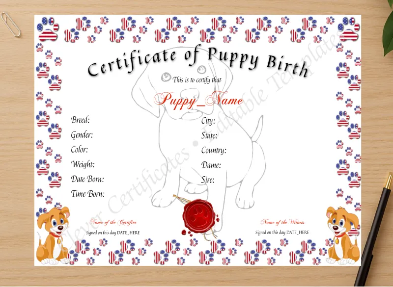 Professional preview of Puppy Birth Certificate certificate on high-quality stationery paper, ideal for showcasing the final look.