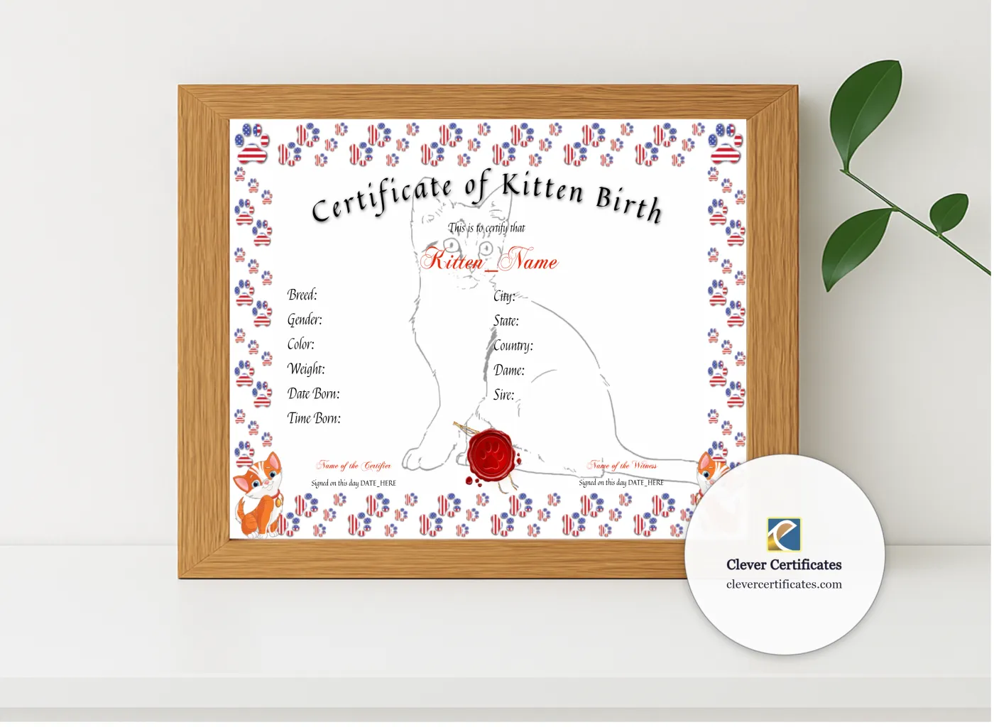 Realistic mockup featuring Kitten Birth Certificate displayed within a modern frame, set against a minimalistic background.