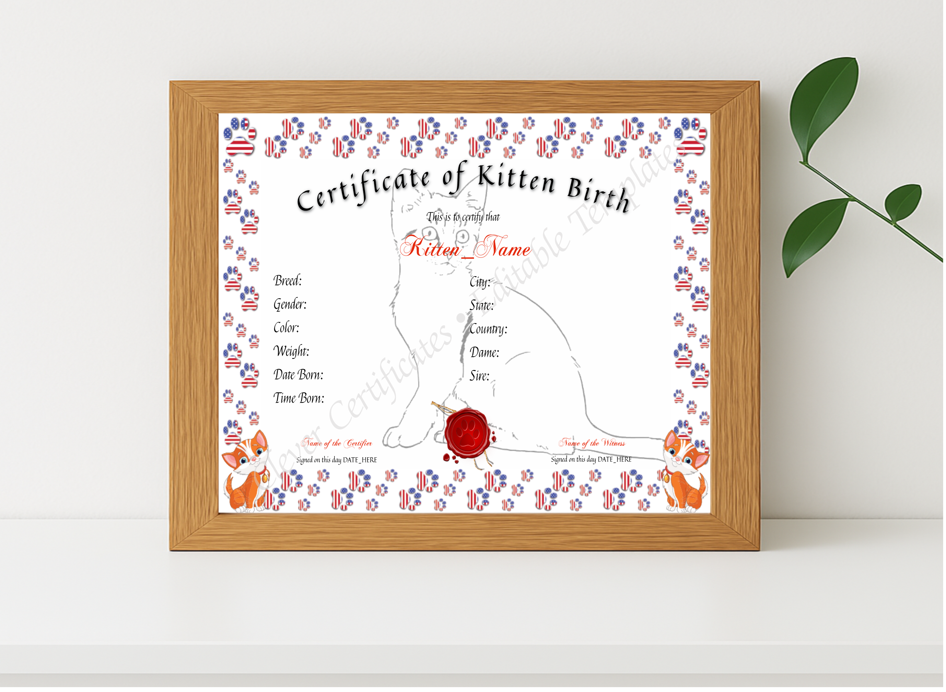 Realistic mockup featuring Kitten Birth Certificate displayed within a modern frame, set against a minimalistic background.