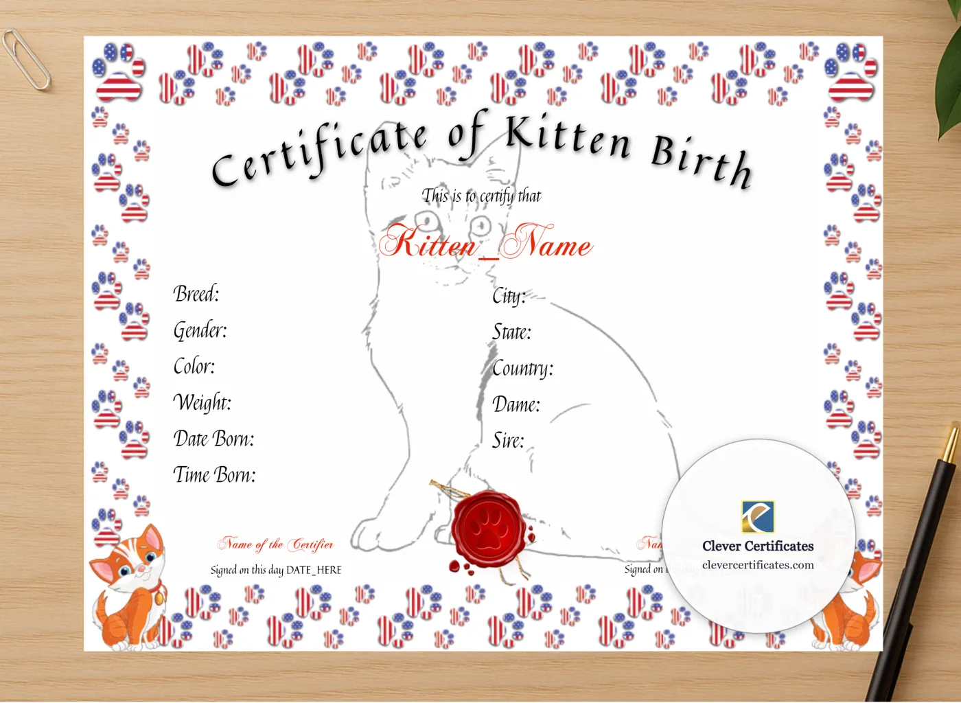 Professional preview of Kitten Birth Certificate certificate on high-quality stationery paper, ideal for showcasing the final look.