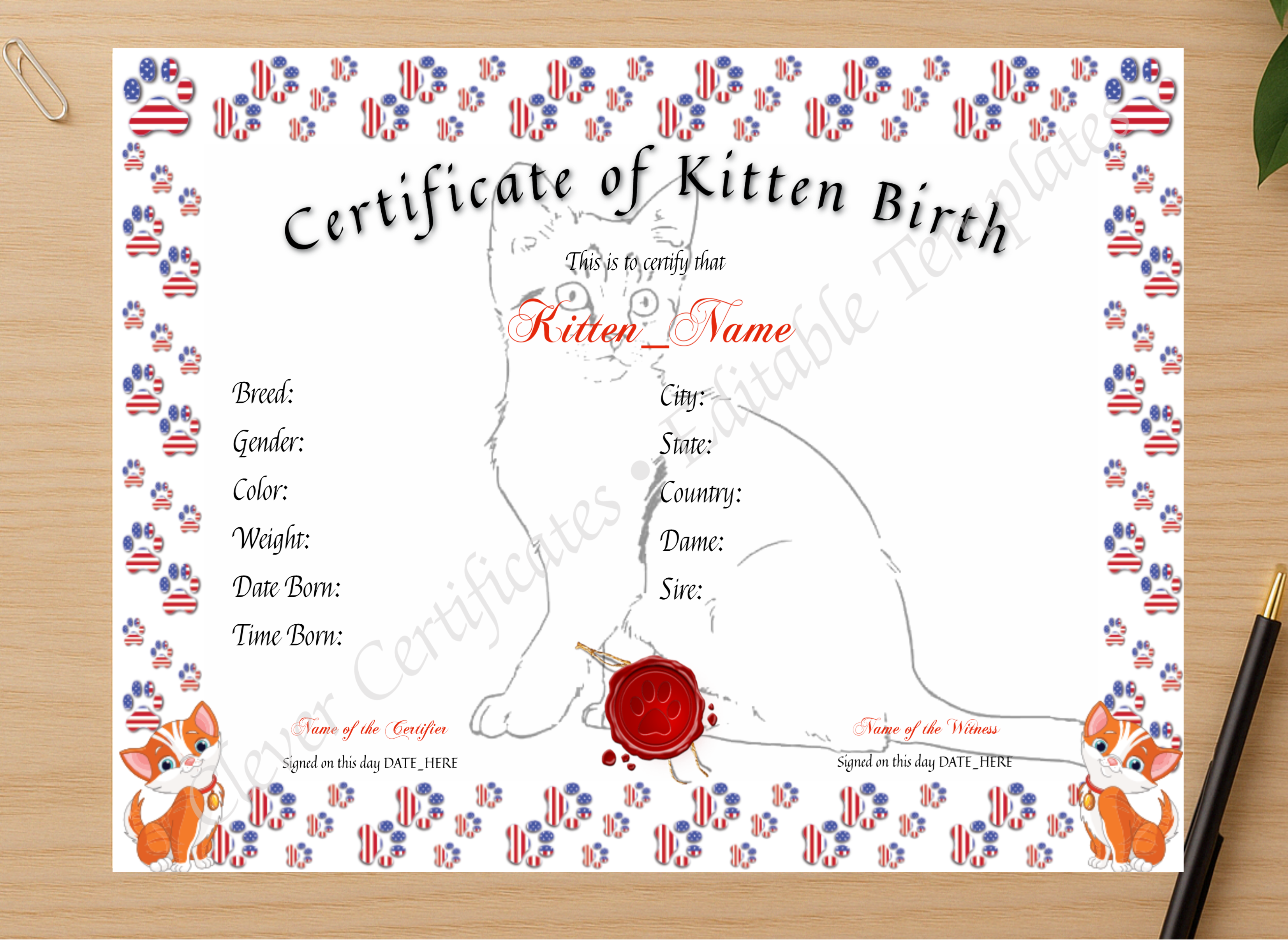Professional preview of Kitten Birth Certificate certificate on high-quality stationery paper, ideal for showcasing the final look.