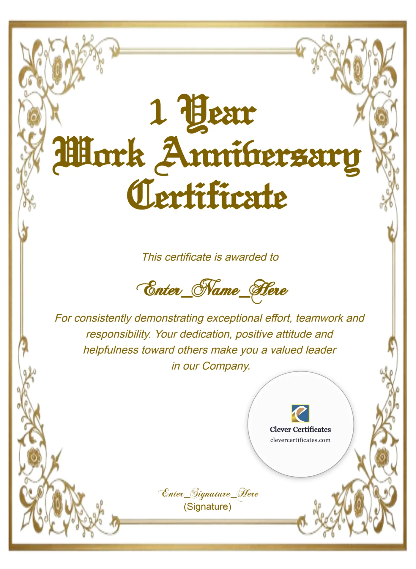 1 Year Work Anniversary Certificate Portrait — Certificate Template Preview