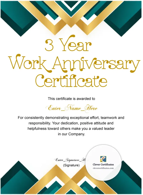 Free 3 Years of Service Award Certificate — Teal And Gold Chevron Portrait