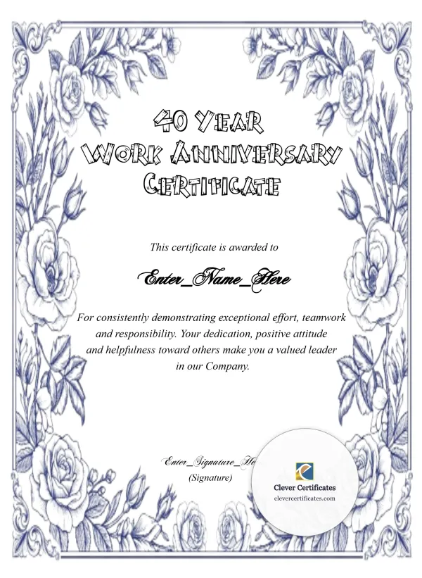 40 Years Of Service Award Certificate Portrait — Certificate Template Preview