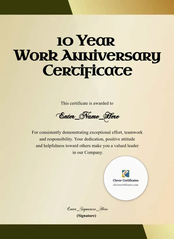 10 Years Of Service Award Certificate Portrait — Certificate Template Preview