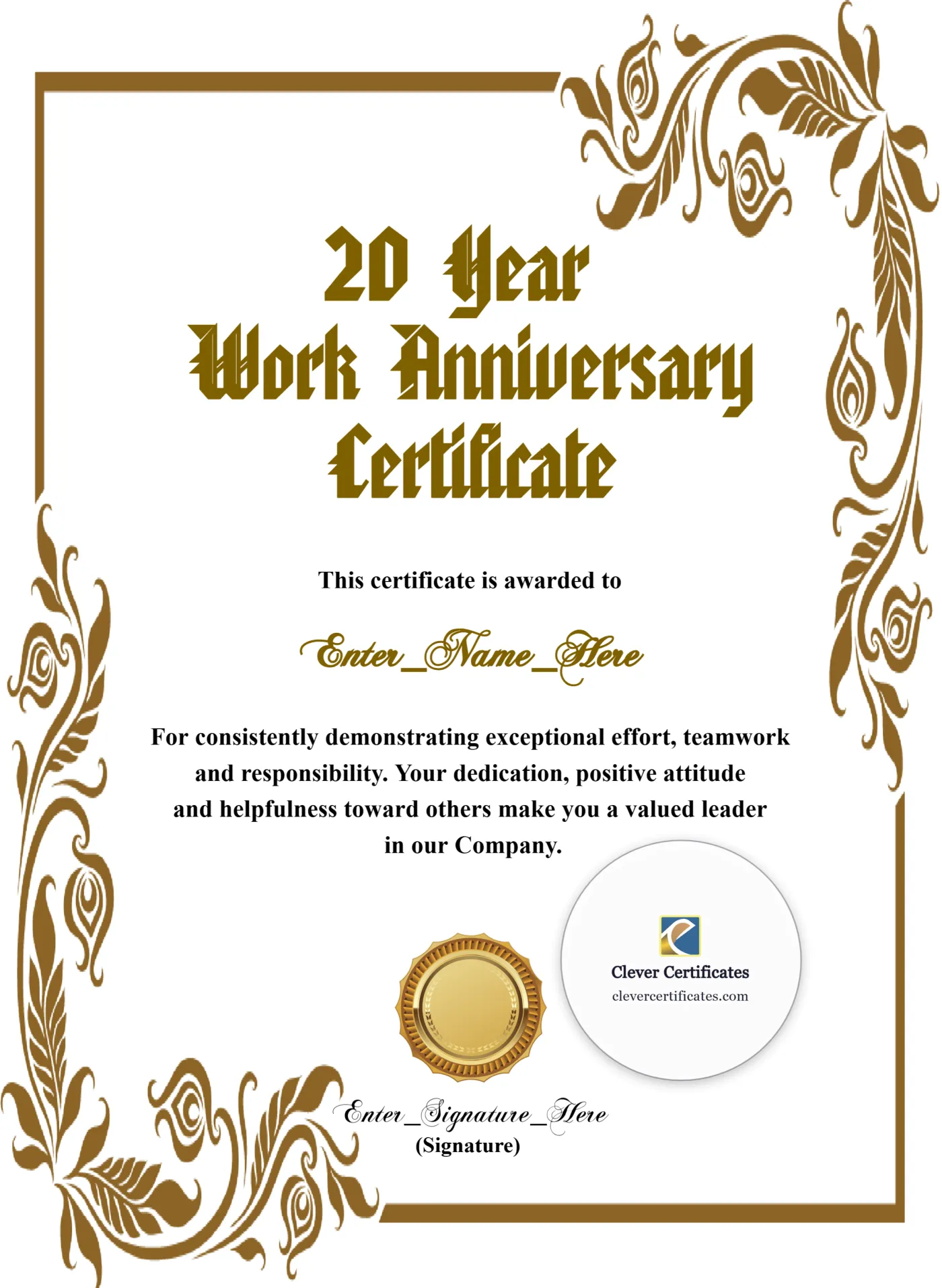 20 Years Of Service Award Certificate Portrait — Certificate Template Preview