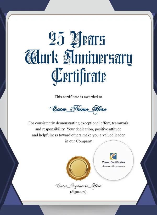 Free 25 Years of Service Award Certificate — Navy and Silver Portrait