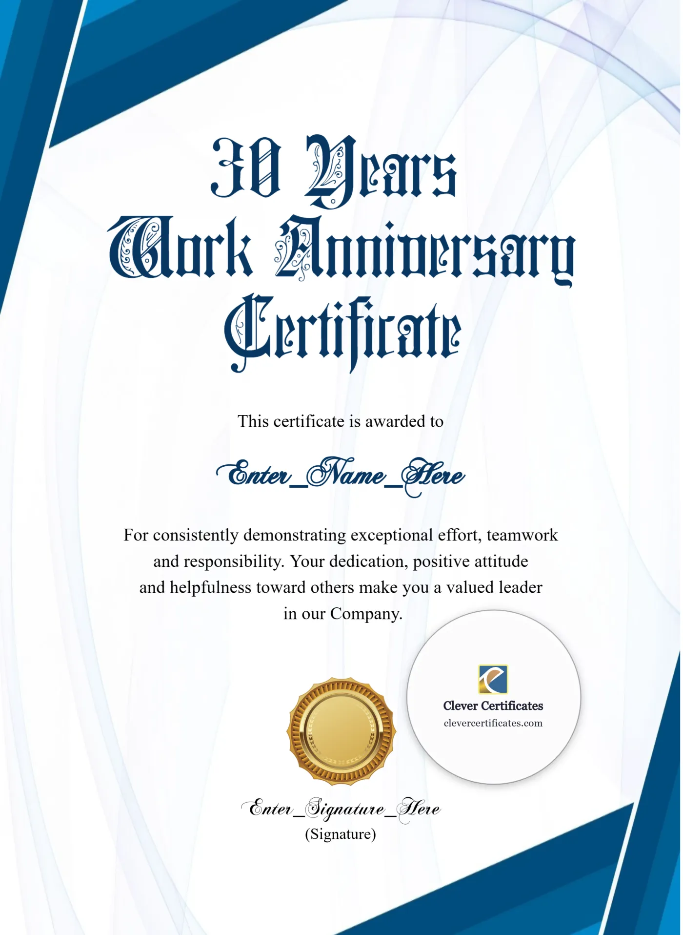 30 Years Of Service Award Certificate Portrait — Certificate Template Preview