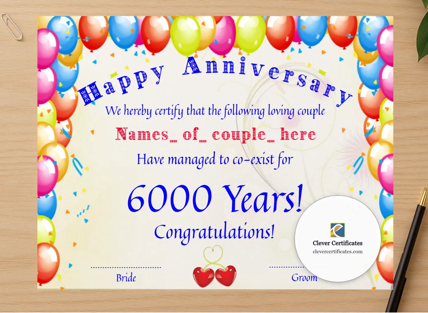 Professional preview of Happy Anniversary certificate on high-quality stationery paper, ideal for showcasing the final look.