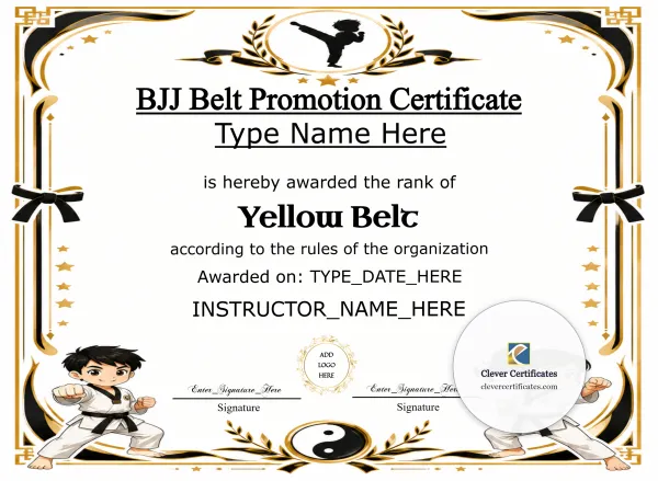 Free BJJ Kids Belt Promotion Certificate — Gold Cartoon Kids Landscape