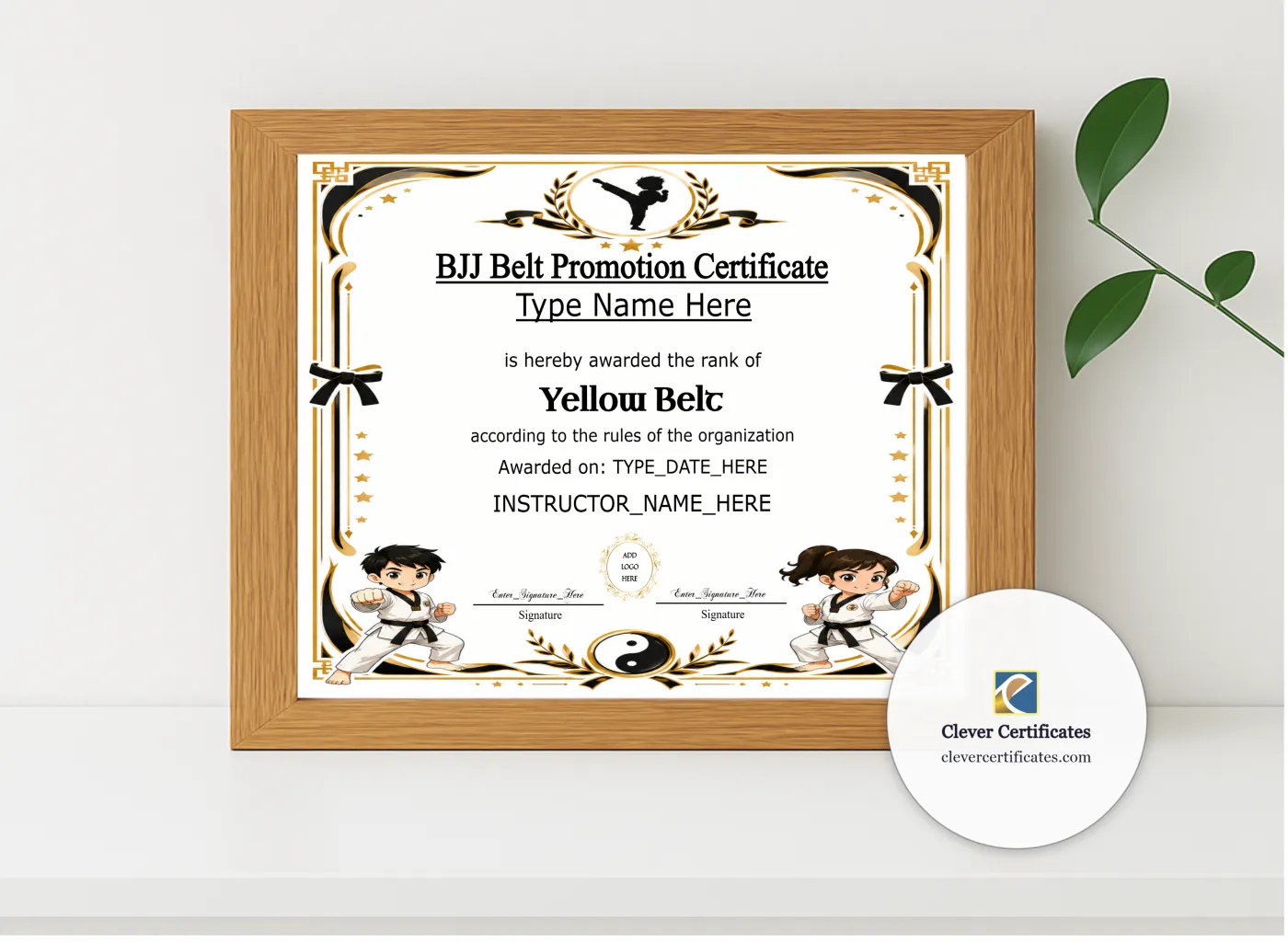 Realistic mockup featuring BJJ Kids Belt Promotion Certificate displayed within a modern frame, set against a minimalistic background.
