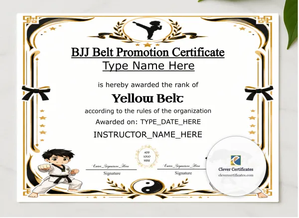 BJJ Kids Belt Promotion Certificate presented in a sleek wooden frame, elegantly arranged on a stylish table.