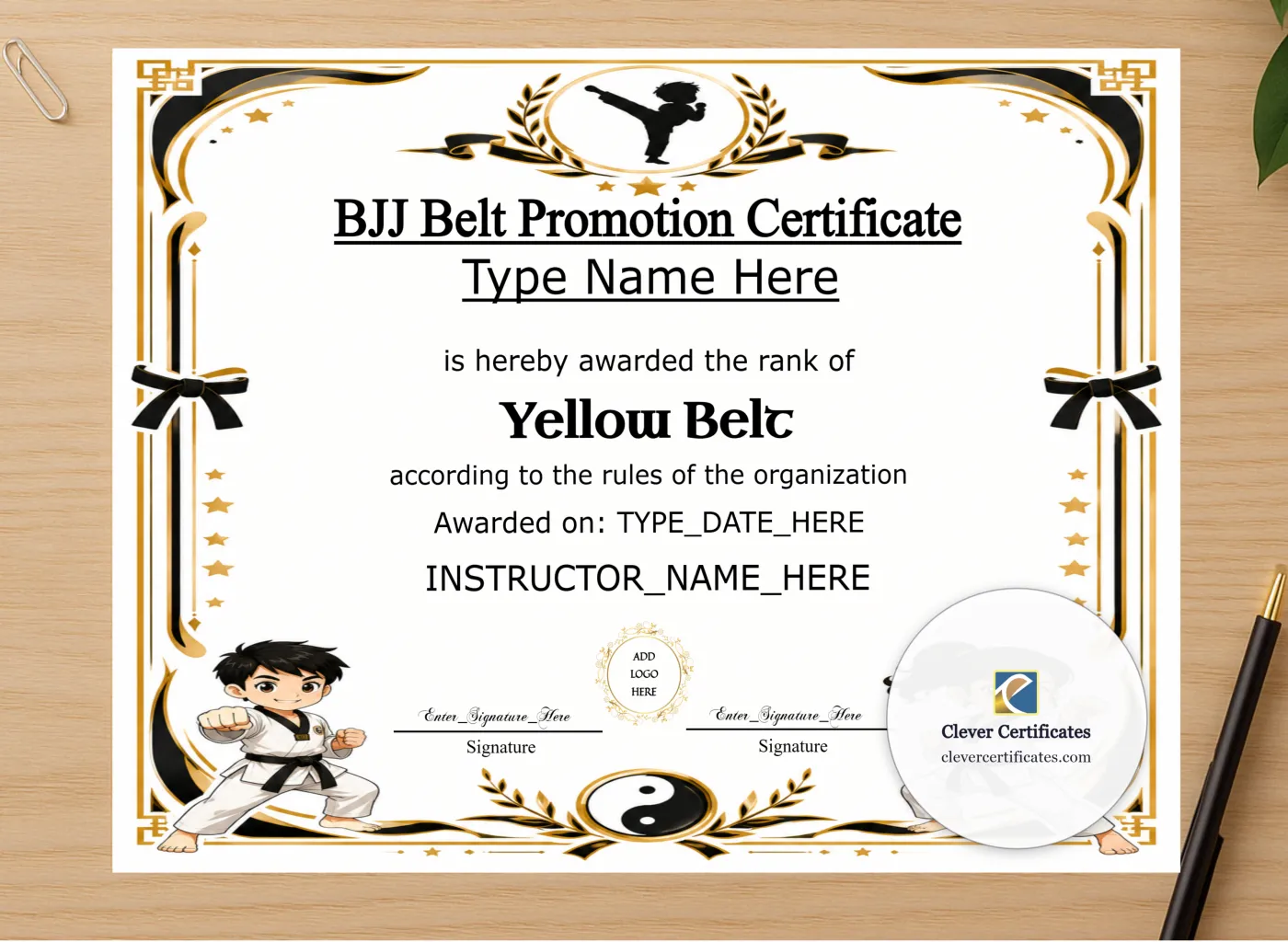 Professional preview of BJJ Kids Belt Promotion Certificate certificate on high-quality stationery paper, ideal for showcasing the final look.
