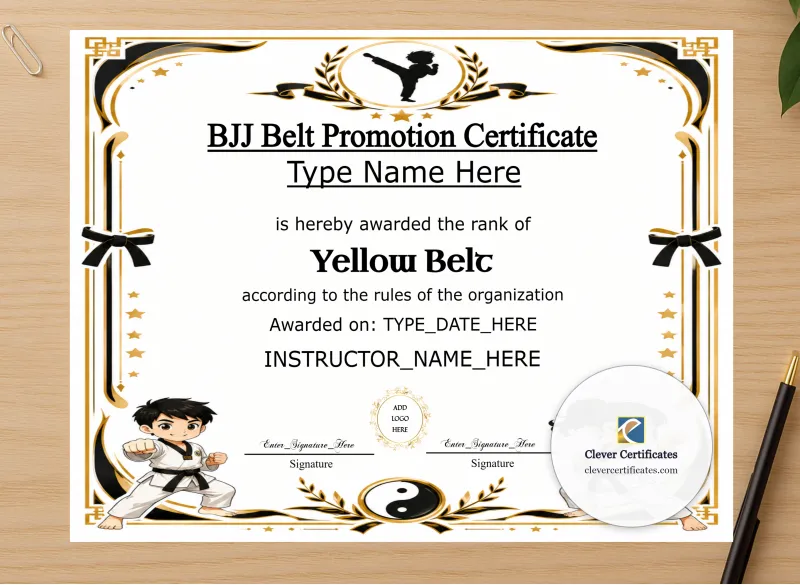 Professional preview of BJJ Kids Belt Promotion Certificate certificate on high-quality stationery paper, ideal for showcasing the final look.