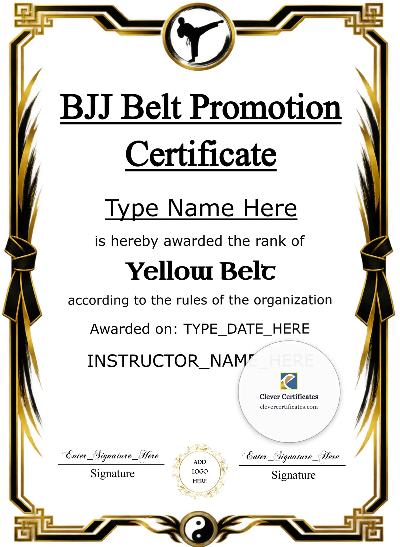 BJJ Kids Belt Promotion Certificate Portrait — Certificate Template Preview