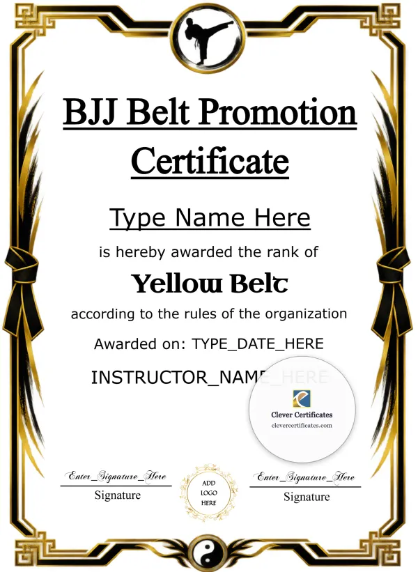 Free BJJ Kids Belt Promotion Certificate — Black And Gold Portrait