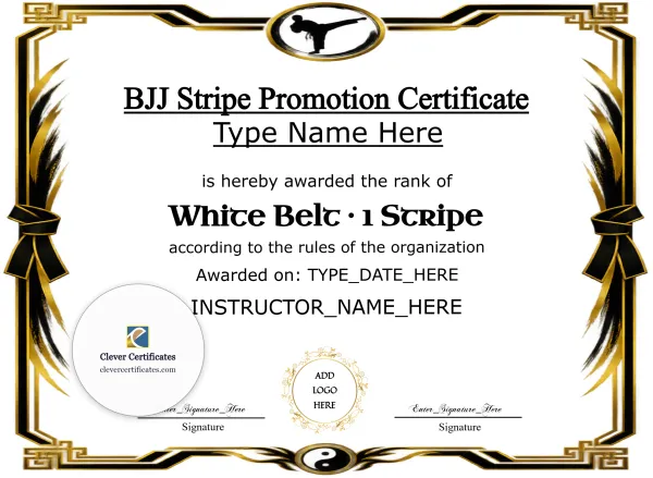 Free BJJ Stripe Promotion Certificate — Black And Gold Belt Knot Landscape