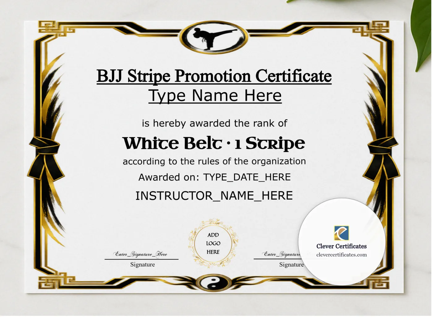 BJJ Stripe Promotion Certificate presented in a sleek wooden frame, elegantly arranged on a stylish table.