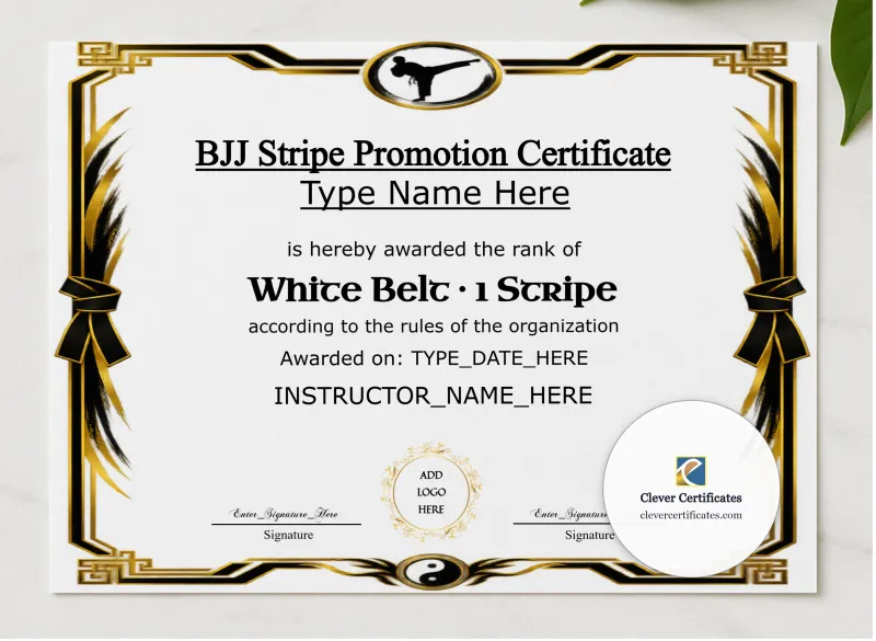 BJJ Stripe Promotion Certificate presented in a sleek wooden frame, elegantly arranged on a stylish table.