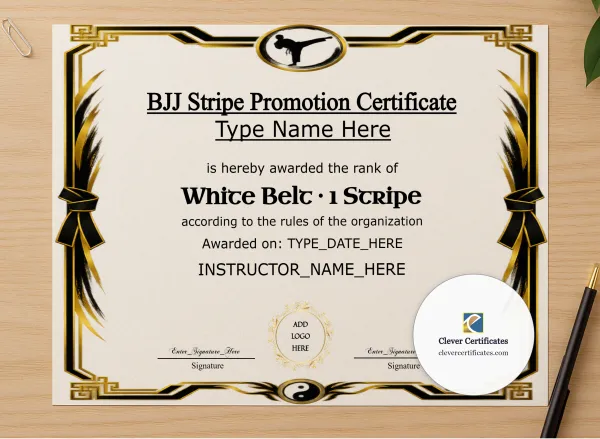 Professional preview of BJJ Stripe Promotion Certificate certificate on high-quality stationery paper, ideal for showcasing the final look.