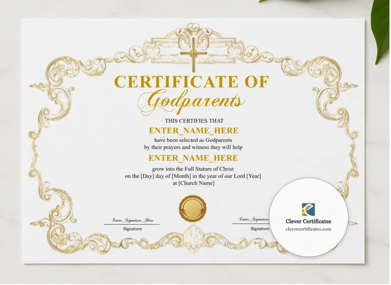 Godparents Certificate Classic Gold Landscape presented in a sleek wooden frame, elegantly arranged on a stylish table.