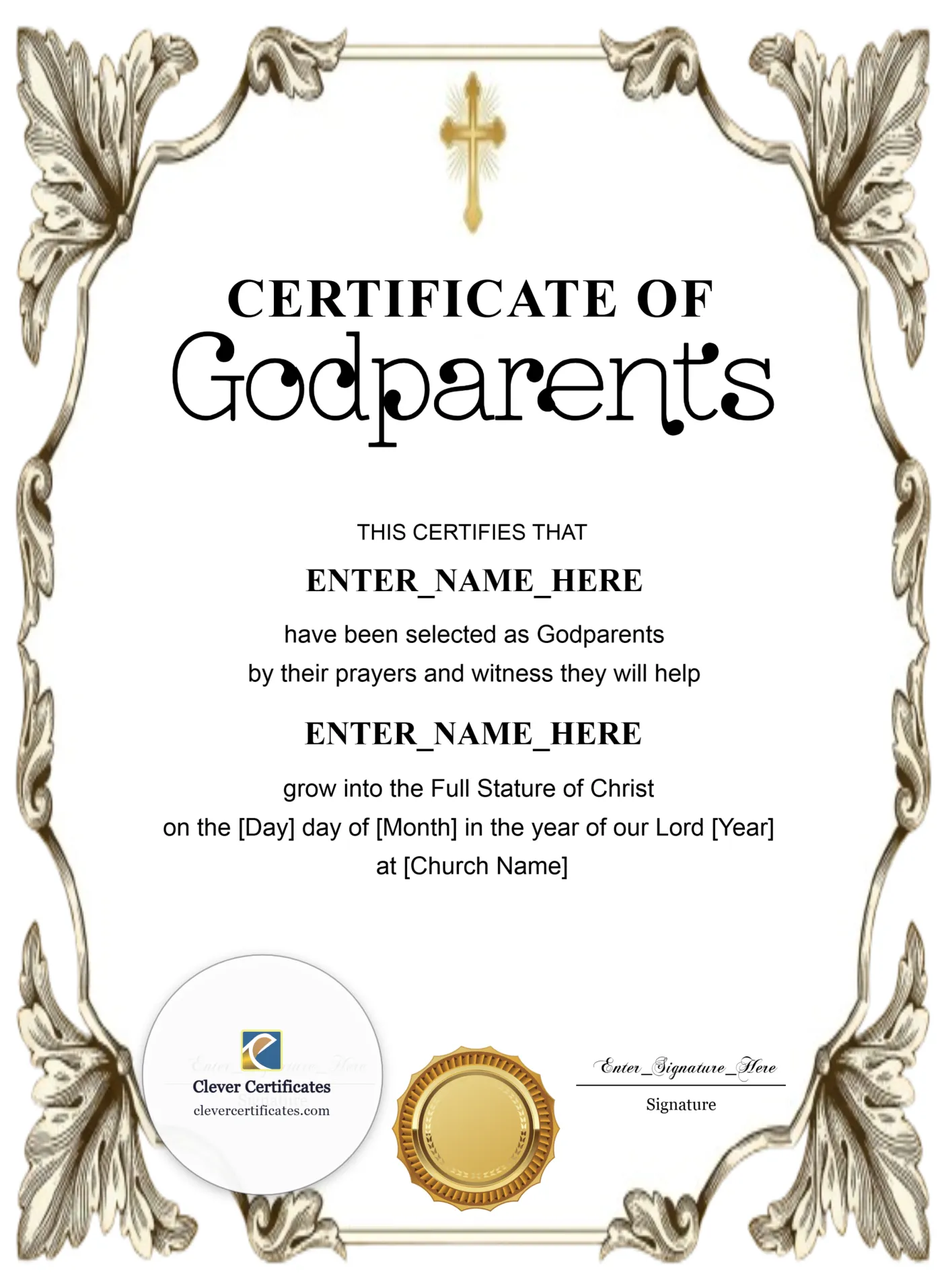 Godparents Certificate Classic Gold Portrait — Certificate Template Preview