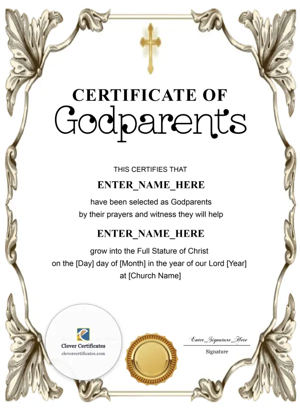 Godparents Certificate Classic Gold Portrait — Certificate Template Preview