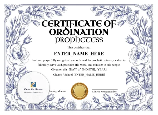 Free Prophetess Ordination Certificate — Blue Rose Landscape