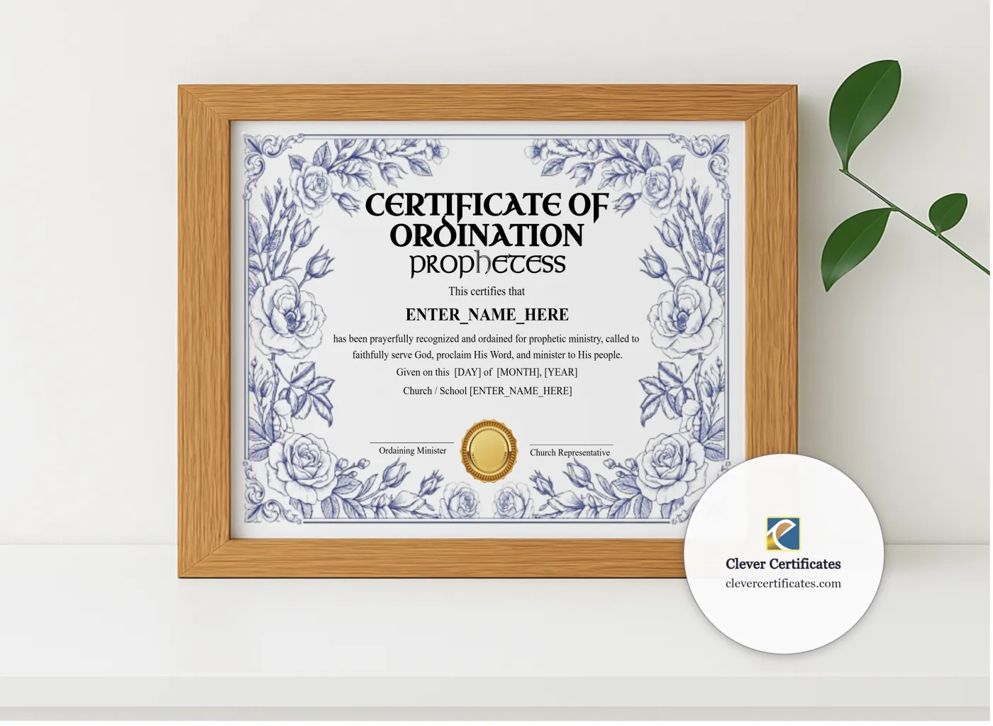 Realistic mockup featuring Prophetess Ordination Certificate Landscape displayed within a modern frame, set against a minimalistic background.