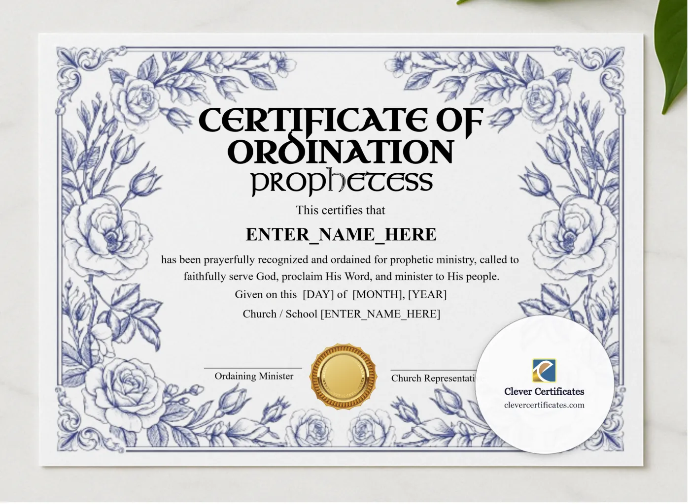 Prophetess Ordination Certificate Landscape presented in a sleek wooden frame, elegantly arranged on a stylish table.