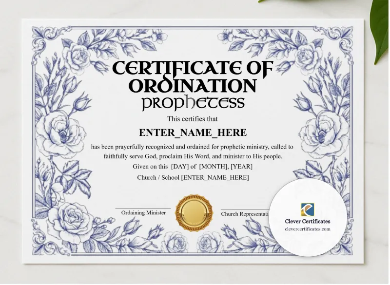 Prophetess Ordination Certificate Landscape presented in a sleek wooden frame, elegantly arranged on a stylish table.