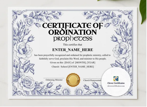 Prophetess Ordination Certificate Landscape presented in a sleek wooden frame, elegantly arranged on a stylish table.