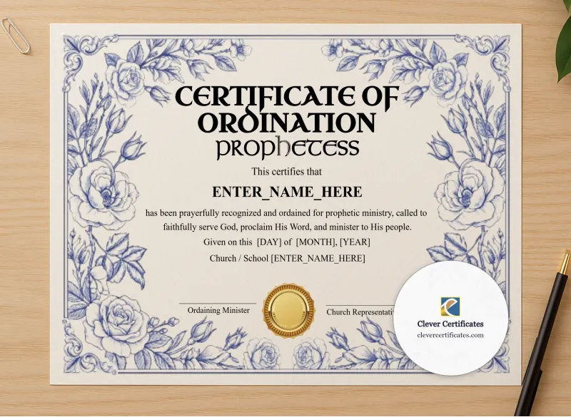 Professional preview of Prophetess Ordination Certificate Landscape certificate on high-quality stationery paper, ideal for showcasing the final look.