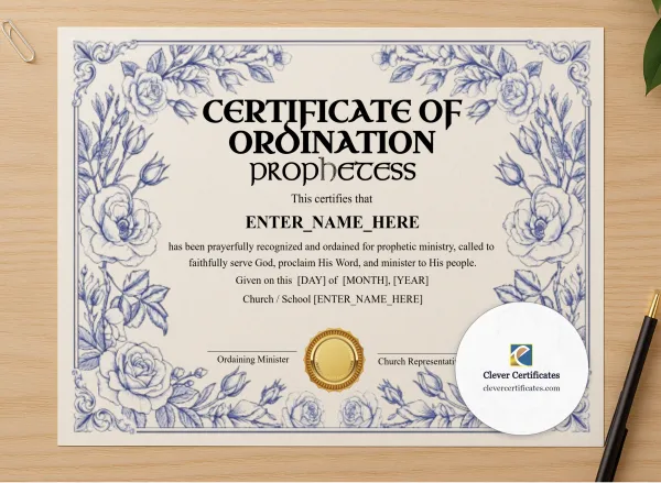 Professional preview of Prophetess Ordination Certificate Landscape certificate on high-quality stationery paper, ideal for showcasing the final look.