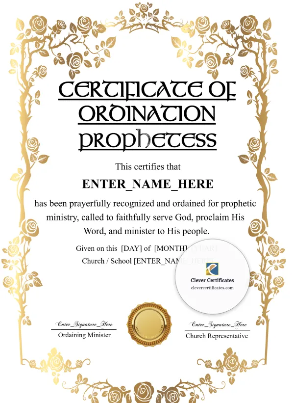 Prophetess Ordination Certificate Portrait — Certificate Template Preview