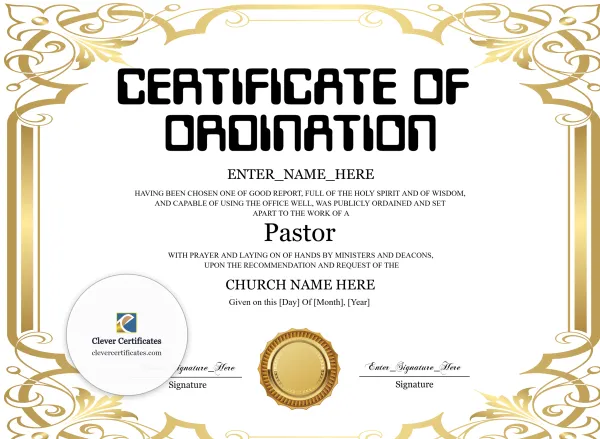 Free Baptist Pastor Ordination Certificate — Gold Art Deco Landscape