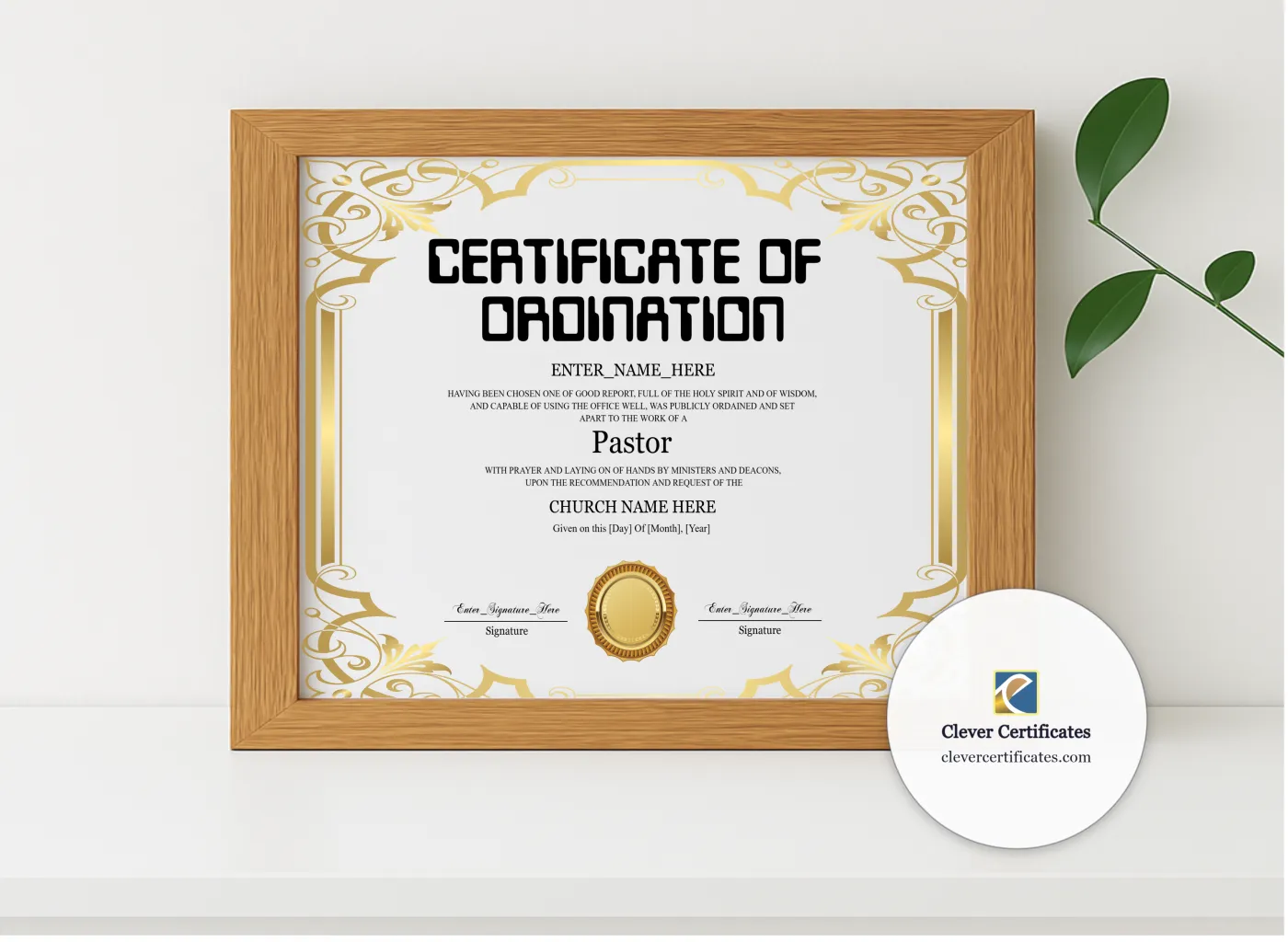 Realistic mockup featuring Baptist Pastor Ordination Certificate Landscape displayed within a modern frame, set against a minimalistic background.