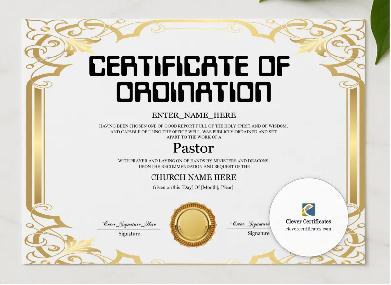 Baptist Pastor Ordination Certificate Landscape presented in a sleek wooden frame, elegantly arranged on a stylish table.