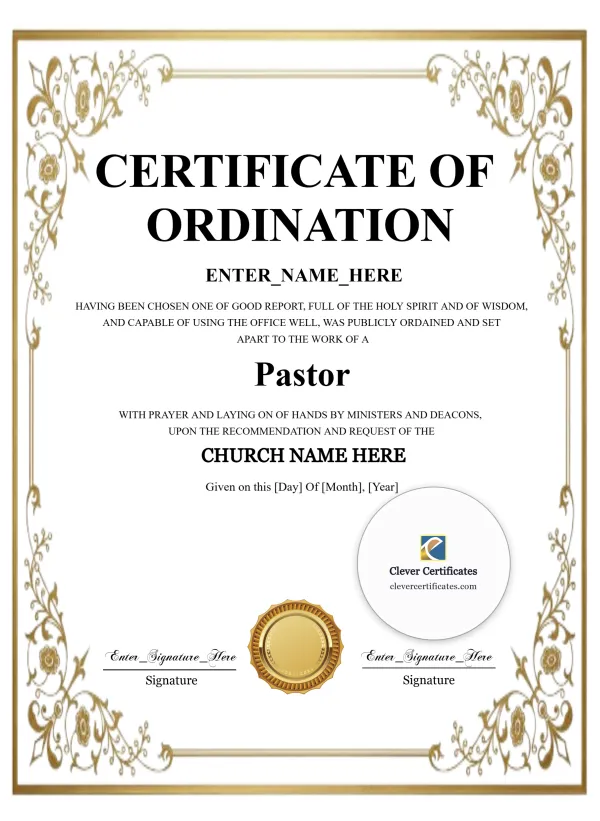 Baptist Pastor Ordination Certificate Portrait — Certificate Template Preview
