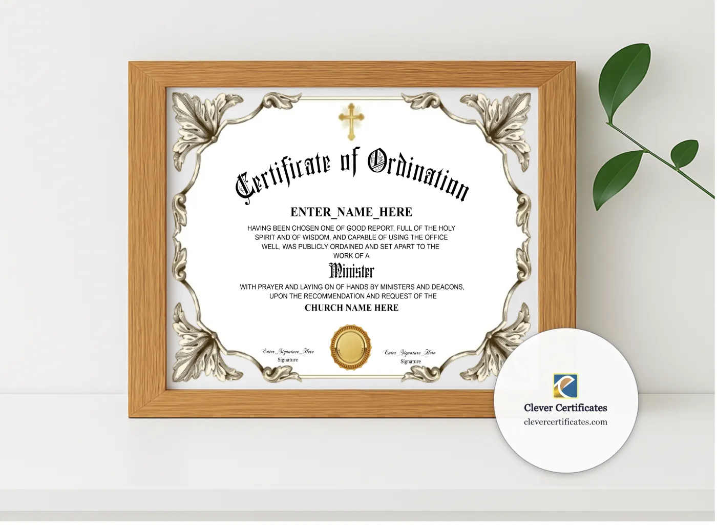 Realistic mockup featuring Baptist Minister Ordination Certificate Landscape displayed within a modern frame, set against a minimalistic background.