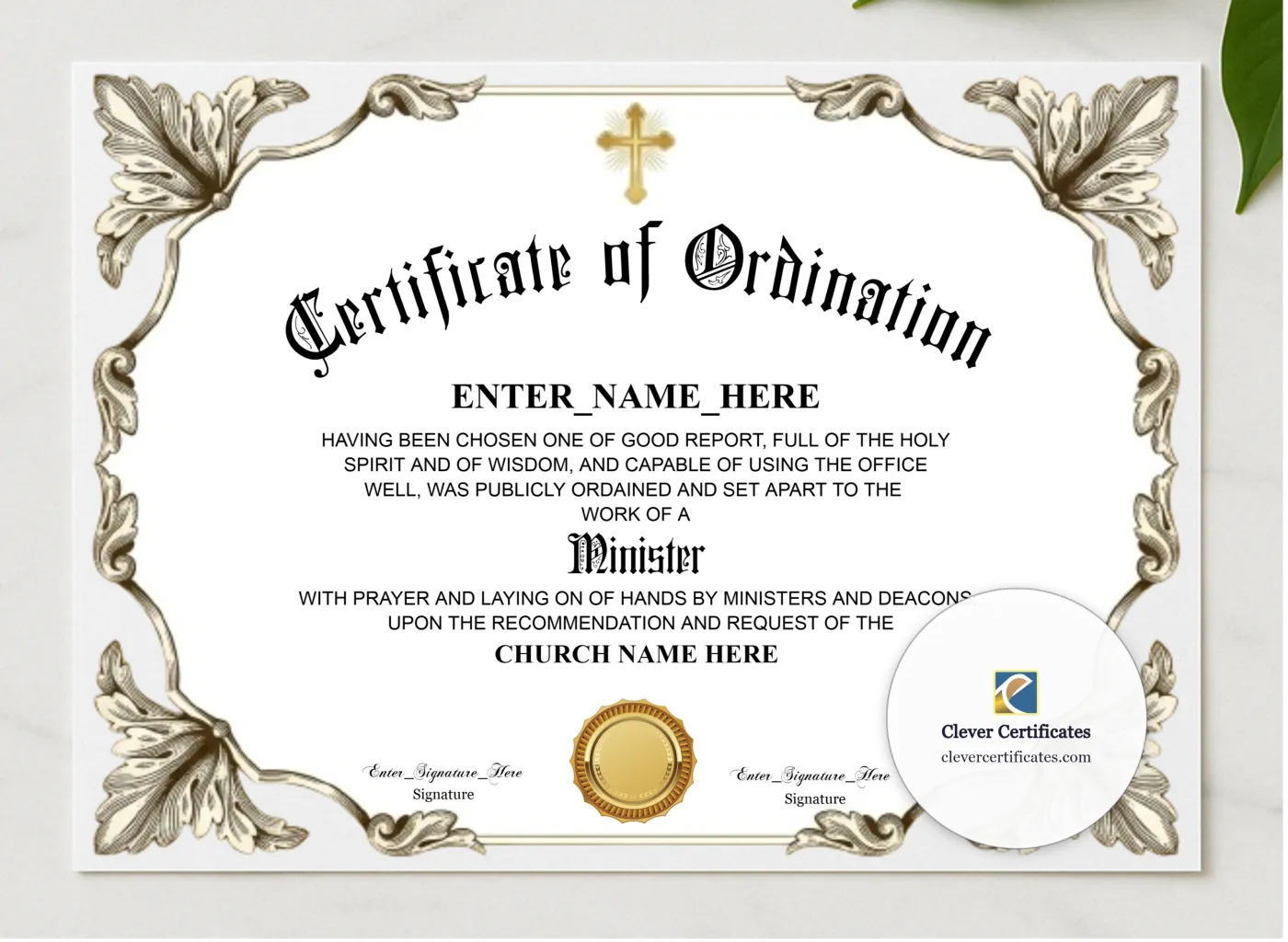 Baptist Minister Ordination Certificate Landscape presented in a sleek wooden frame, elegantly arranged on a stylish table.