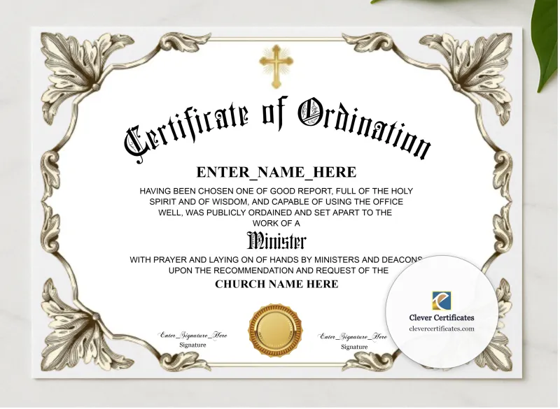 Baptist Minister Ordination Certificate Landscape presented in a sleek wooden frame, elegantly arranged on a stylish table.