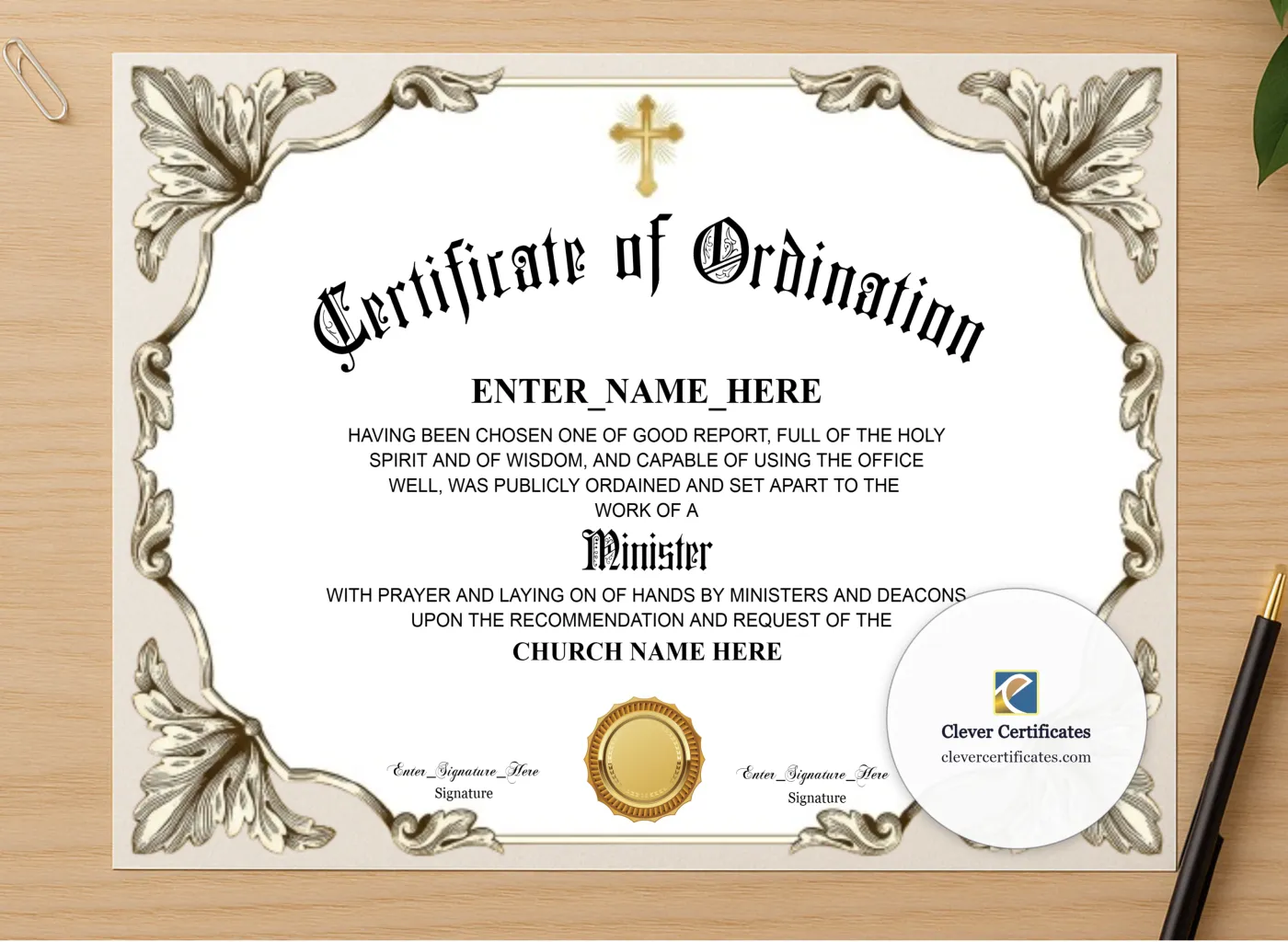 Professional preview of Baptist Minister Ordination Certificate Landscape certificate on high-quality stationery paper, ideal for showcasing the final look.