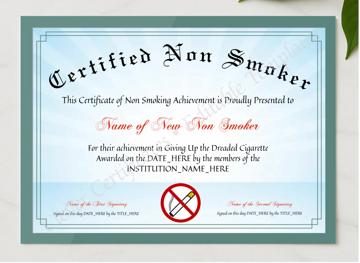 Certified Non Smoker presented in a sleek wooden frame, elegantly arranged on a stylish table.